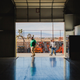 Workers return from a lunch break at BYD’s electric-bus factory in Lancaster, California.